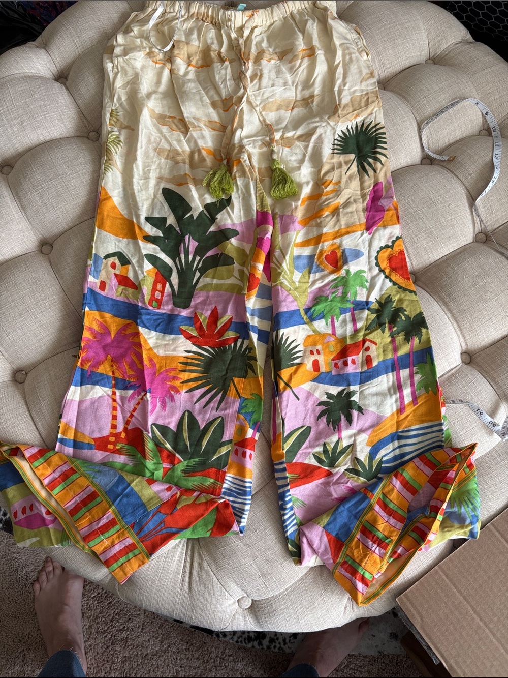 Cream Tropical Wide-Leg Pants with Tassel Waist